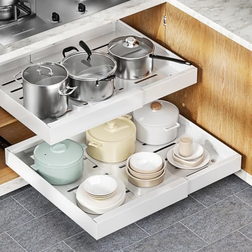 Jayencer Teleskopschublade, Ausziehbare Ausziehbare Schublade, Einstellbare Breite Auszug Küchenschrank Küche Organizer Schrank (Weiß-2 Stück)