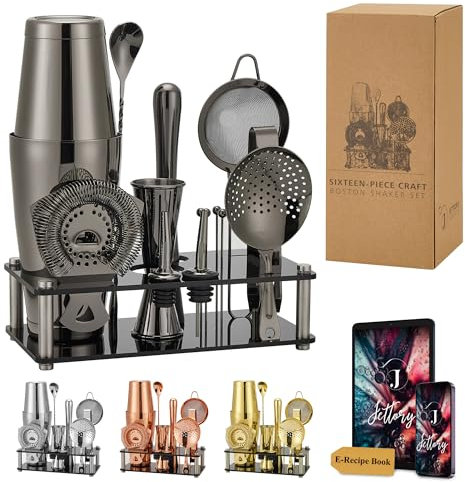 Jettory Boston Shaker Set - Set da Cocktail in Acciaio Inossidabile da 16 Pezzi con Base in Acrilico, Colino, Pinza per Ghiaccio, Cucchiaio da Bar, Misurino, Pestello, Versatori & Picks per Cocktail