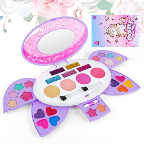 Aomig Set Maquillaje para Niñas, Estuche Maquillaje Niña Patrón de Unicornio Giratorio, Juego de Maquillaje Infantil con Pinceles y Pegatina, Set de Maquillaje para Cumpleaños Navidad Fiesta, Púrpura
