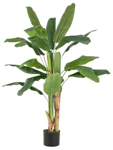 GOFLAME Artificial Banana Tree, 5.3FT Faux Banana Leaf Plant with Double Stalk, Lush Mosses, Fake Potted Banana Silk Tree for Home Indoor Living Room Decor