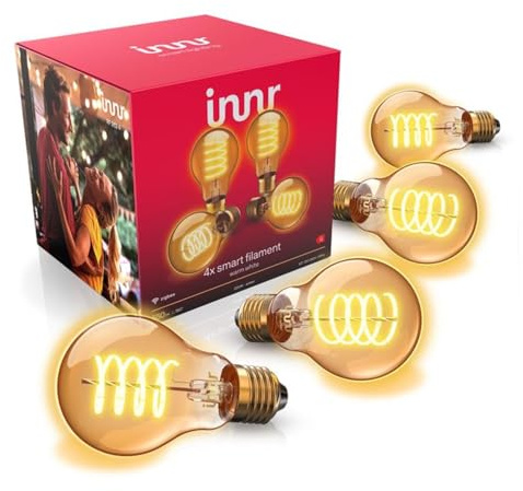 innr Zigbee E27 Smart Lampe, funktioniert mit Alexa und Hue* (Bridge erforderlich), LED Filament Glühbirne, Warmweiß, Dimmbar, Smart Home, 550lm, 4 Stück