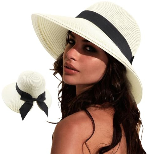 DRESHOW Cappelli da Sole per Donna Fedora da Viaggio Pieghevole da Spiaggia Cappello da Sole Sstivo a Tesa Larga in Paglia con Fiocco UPF 50+