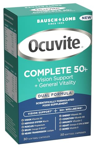 Ocuvite Complete 50+ Eye Supplement - Supports the Visual System & 50+ Wellbeing by Bausch + Lomb – Lutein and Zeaxanthin Supplement with Omega 3 DHA & EPA, Vitamin B6 & Vitamin D, 2 Capsules Per Day