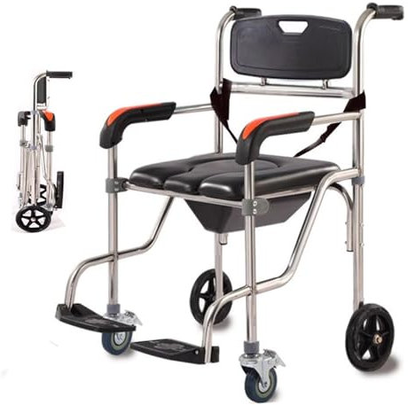 Sedia da Doccia Pieghevole,Sedia da Comodino per Anziani,Sedia A Rotelle da Doccia Portatile,Sedia da WC con Sedile Imbottito E Secchio da Toilette,Carico 130 kg