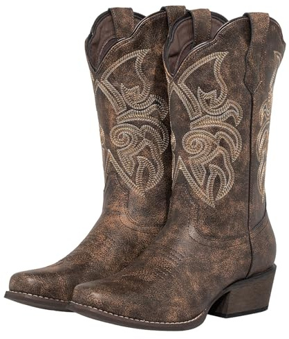 J's.o.l.e Ladies Cowgirl Cowboy Boots for Women Square Toe Mid Wide Calf Western Fashion Brown Boots