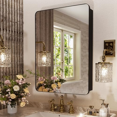 GoTiling 16x24 Inch Bathroom Medicine Cabinet with Mirror, Partition Storage for Tall Bottles, Recessed or Surface Mount Wall Cabinet, 110° Soft Close Hinge, Pre-Assembled, Matte Black, w/Hardware