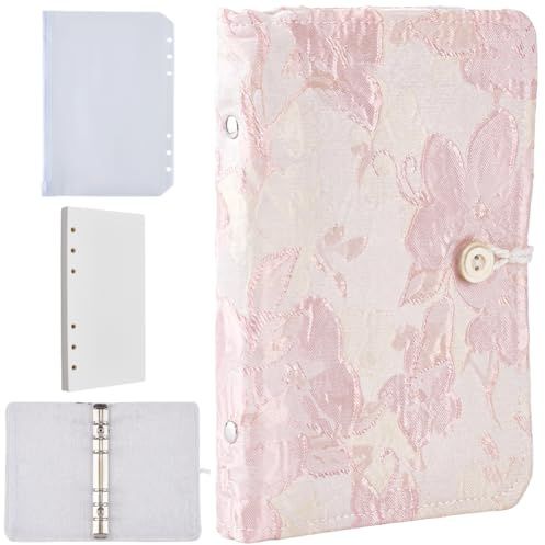 CRASPIRE A5 tygpärmskydd 6 ringar påfyllningsbar rosa blomma dekor med 90 ark papper lösa blad faktura ficka tyg repbunden knappbindning anteckningsblock skydd för planerare organisera resedagbok