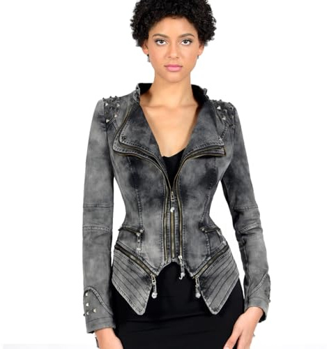 Fashion SX Women's classic tailcoat,fashion Shaping denim jacket, inlaid with punk motorcycle riding suit(Grey-XL)
