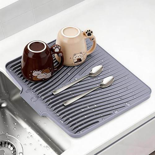 Silicone Dish Drying Mat for Kitchen Counter,Dish Drying Pad,Non-Slip Drain Pad with Built-in Drain, Heat Resistant Stone Drying Mat,15.8x 13,Gray