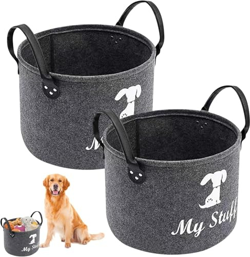 XdealCozyxc 2 Pcs Dog Toy Basket Box. Personalised Felt Toy Boxes Storage with Handles Collapsible for Organizing Pet Cat Clothing and Toys