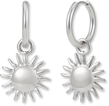 Cerchi argentati con ciondolo | Orecchini pendenti con sole in acciaio inox 316L color argento | Orecchini da donna impermeabili (16 mm)