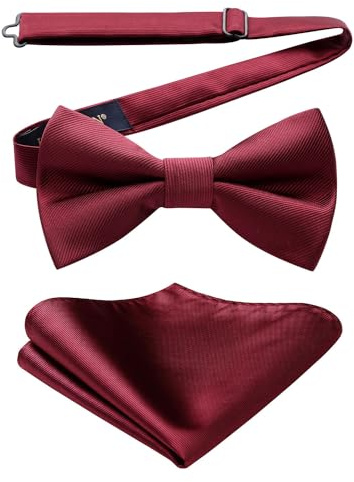 HISDERN burgundy Bow Tie for Men Pre-tied Wedding Formal Tuxedo Bowtie Classic Handkerchief Set Adjustable