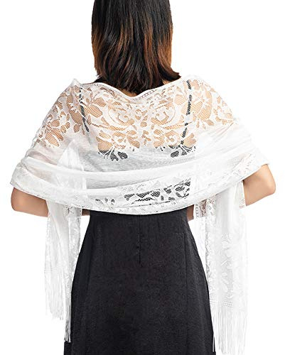 Ladiery Floral Lace Shawl with Tassels, Soft Wrap for Wedding Evening Party | Lightweight Sheer Scarf, 72.8x24.8, Elegant Cover Up for AC Room, Bridal, Church, Cruise, Prom, Travel, Beach & Hijab