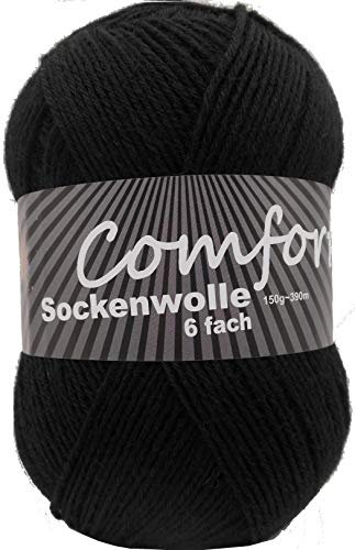 6-fädige Sockenwolle Strumpfwolle - einfarbig - 150gr Knaul 375m-Lauflänge - für besonders warme Socken -weicher kuschlig softiger Griff- -Farbe: (schwarz)