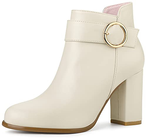 Allegra K Botines de tacón alto grueso con punta redonda y hebilla circular para mujer Beige 39