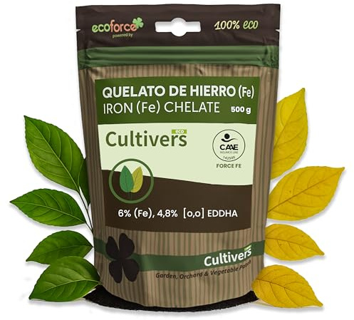 CULTIVERS Quelato de Hierro Ecológico 500 g | Abono soluble con Hierro Fe-EDDHA 6% (orto-orto 4,8%) para Plantas y Cultivos en Suelos con Baja Disponibilidad de Hierro