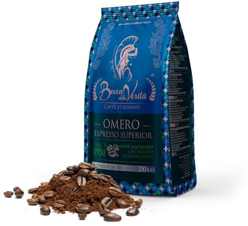 BOCCA DELLA VERITA® Caffe Macinato Sacco da 250g Aroma OMERO Caffe Arabica e Robusta 100% Made in Italy Caffè Espresso Superior Tostato Naturalmente e Artigianalmente, Rainforest e UTZ