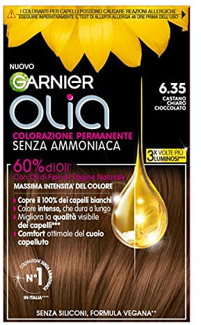 Garnier Olia Tinta Capelli, Colorazione Permanente Senza Ammoniaca, Fragranza Delicata, Copre il 100% dei Capelli Bianchi, Oli di Fiore di Origine Naturale, Castano Chiaro Cioccolato