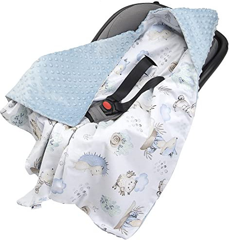 Medi Partners Einschlagdecke Baby Babyschale 100% Baumwolle für Sommer 85x85cm Kinderwagen Kuscheldecke universal Baby Decke Einschlagdecken Babydecke Buggy Autositz (Hirsch und Igel mit Blaue Minky)