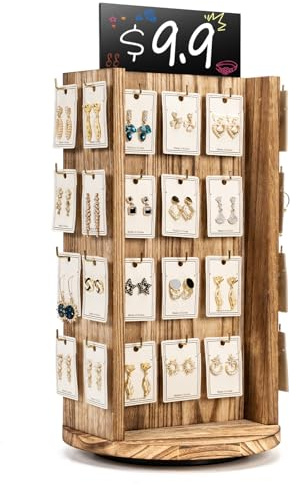 Pinzoveco Rotating Earring Display Stands for Selling with Adversitsing Board, Real Wood Jewelry Display Stand for Vendors, Large Capacity Earring Cards for Selling Rack Holder (Carbonized Brown)