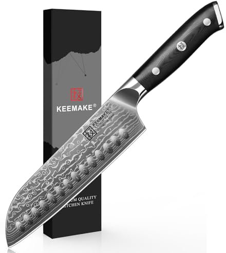 KEEMAKE Coltello da Cucina Santoku Damasco Giapponese, Coltelli Professionali 18cm Manico G10, per Verdure Carne Ristorante