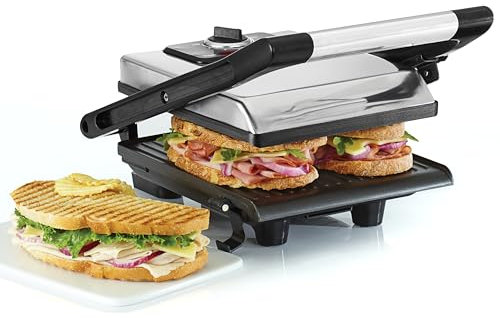 BELLA Sandwichera, Prensa para Paninis y Grill Eléctrico con Placas Dobles Antiadherentes, Tapa Regulable en Altura y Bandeja Recogegotas Extraíble, Acero Inoxidable, 1400 Vatios