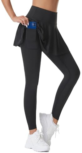 pvucpot Donna Leggings con gonna da tennis per yoga, corsa, golf e hockey, Sportiva da donna, Nero, Palazzo, Aderente, Con gonna integrata da tennis