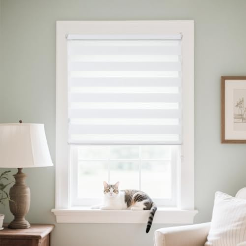 Joydeco Doppelrollo ohne Bohren mit Klemmfix und Anti-Verhedderungszubehör stufenlos verstellbar lichtdurchlässig verdunkelnd Weiß B80 x H110 cm(Stoffbreite 76cm)