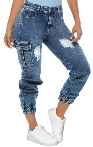 Women's Cargo Capri Jeans High Waist Ripped Tapered Jogger Denim Pants Flap Pocket Carrot Jeans,Blue,Large