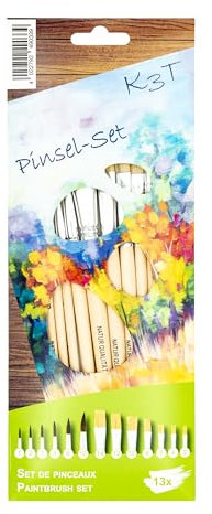 K3T Pinsel-Set 13-teilig (Naturhaarpinsel Größen 1, 2, 3, 4, 6 und 10 - Naturborstenpinsel Größen 2, 4, 6, 8, 10, 12 und 14), Schaft naturbelassen, Art.Nr. 49033