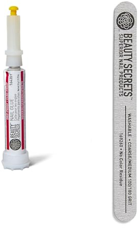 Beauty Secrets Drip & Clog Proof Nail Glue (1 Pack) Bundled with Zebra Cushion Nail File Medium Coarse 180/100 Grit by Beauty Secrets