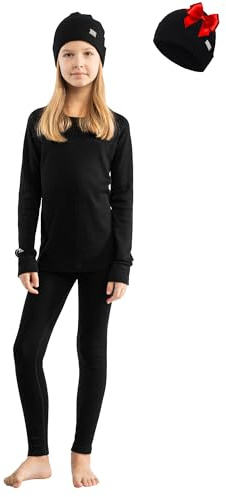 Merino.tech Conjunto Lana Merino Ninos - Ropa Termica + Gorro Lana Merino (158-164, Black)