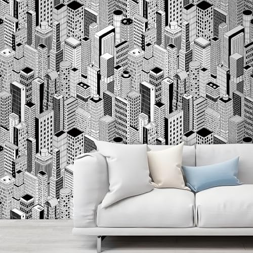 LACHEERY Noir et Blanc Papier Peint Adhesif Mural Salon Geometrique avec Motif Ligne Urbaine Papier Adhesif Moderne 44.5cm x 200cm Vinyle Tapisserie Autocollante Murale Lavable pour Salon Armoire