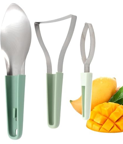Qkbuza Peeler cortador de mango, cortadora de mango y chorro - 3x Herramienta de cortador de remojo de pozo de frutas | Divisor de mango con mango de agarre ergonómico para fruta de dragón, sandía,