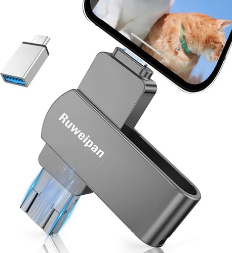 Ruweipan Pendrive para Phone,[Sin App] Memoria Externa 256GB Mini Photo Stick USB 3.0 Transmisión de Alta Velocidad 4 en 1 Pen Drive para Type C-Phone iOS/OTG Smartphone/PC/Laptop,256GB Negro