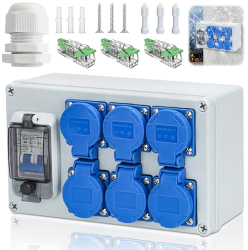 Construction Power Distributor 16A - IP67 Waterproof Power Distribution with FI Switch Distributor 6 Sockets, for Indoor and Outdoor Construction Power Distributions, Workshops and Factories