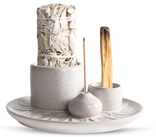 GOEDCH Céramique Bol à Encens : Porte-Salsify Blanc, Plateau d'Encens 4 en 1, Brûle-Encens Multifonctionnel pour la Méditation, Porte-Encens avec Plateau de Récupération de Cendres pour la Salle de
