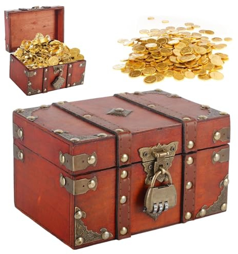Zyiphor Cofre del Tesoro de Madera Vintage Cofre Pirata Caja con Candado Numerico Caja de Regalo de Madera para Decoración Regalos (18x11x10 cm, Rojo)