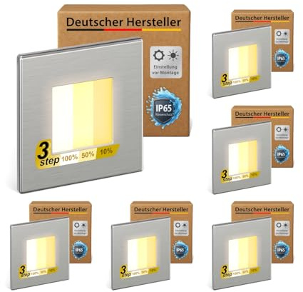 ledscom.de - Luminaire d'escalier/encastré mural FEMA à 6 LED pour l'intérieur et l'extérieur, de forme carrée, en acier inoxydable, 80 x 80 mm, blanc chaud