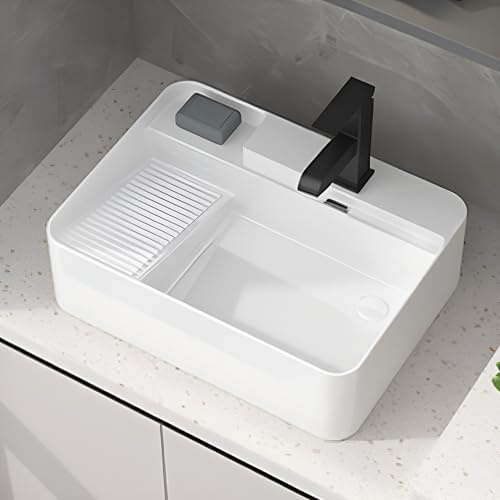 Fregadero rectangular de cerámica con grifo, lavabo sobre encimera para tocador de baño y lavadora, diseño blanco, drenaje derecho, lavabo artístico elegante