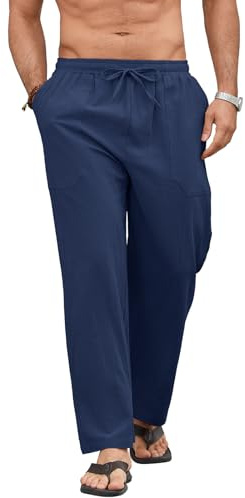 Vorvowry Pantaloni Lino Uomo Estivi in Misto Cotone e Lino Leggeri Traspiranti con Vita Elastica Cordino e Tasche Pantaloni Casual Lunghi Blu Marino XL
