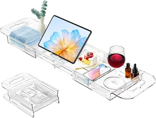 MUSLONG Mensola per vasca da bagno in acrilico, vassoio per vasca da bagno allungabile, vassoio per vasca da bagno per iPad e libri, accessori per vasca da bagno, mensola per vasca da bagno, regalo