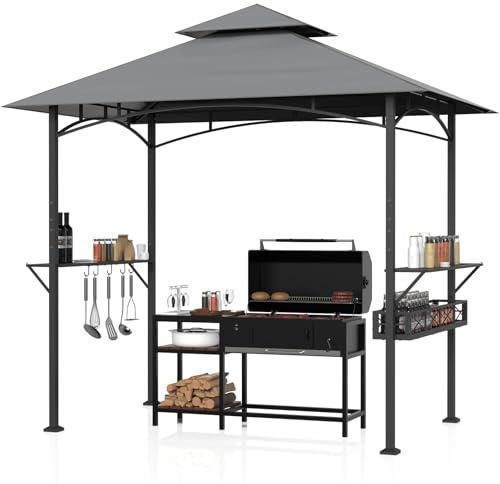 Huracan Cenador de barbacoa de techo doble, cenador de jardín, gazebo con estantes laterales, cesta de metal y gancho, toldo para barbacoa, cenador, protección UV impermeable, ventilación de techo