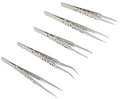 FIXOSHEE Set da 5 Pinzette di Precisione in Acciaio Inox 9 Fori, Pinzette per Elettronica, Laboratorio e Creazione Gioielli, per Saldatura e Lavori Artigianali