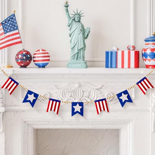 Patriotic Felt Beaded Bunting Garland with Wooden Beads, Red White Blue American Flag Stars and Stripes Pennant Banner for 4th of July, Memorial Day, Veterans Day Wall Fireplace Party Decorations