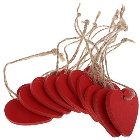 Sharplace 10 Stück Herz Anhänger Holz Scheiben Geschenkanhänger Namenskarte Etiketten Plaketten Herz-Verzierungen mit Schnur für Hochzeit, Party, Jubiläum, hängende Bastelornamente, 40 mm, Rot