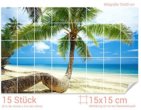 GRAZDesign Fliesenaufkleber Bad Klebefliesen Strand & Palme Wandfliese selbstklebend - Bild: 75x50cm (BxH)
