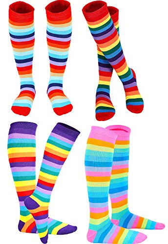 SATINIOR 4 Pairs Rainbow knee socks Women Colorful Striped High Socks Girls Thigh High Stockings