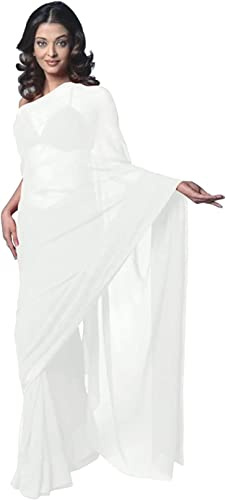 pvs traders Women's Bollywood Chiffon Plain Sari Festival Uniform Saree Wrap Fabric (White)