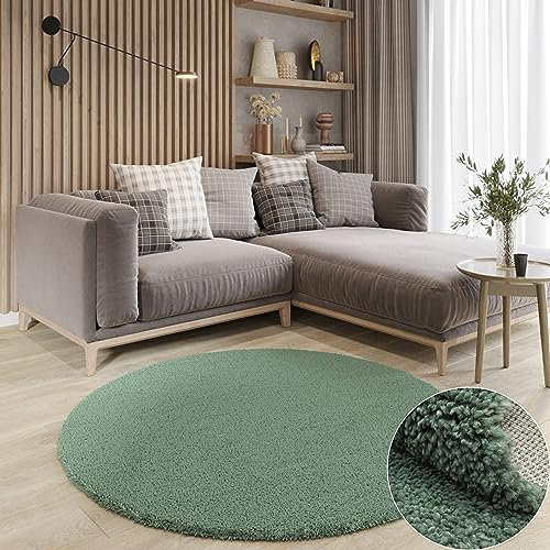 MY-RUG Teppich Shaggy Star Hochflor rund grün 150 x 150 cm - Esszimmer Teppich, Langflor, Einfarbig